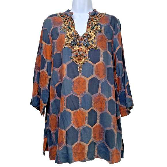 Soft Surroundings Tunic Medium Blouse Millefiori Blue Geometric Print Sequin Top - Picture 3 of 16